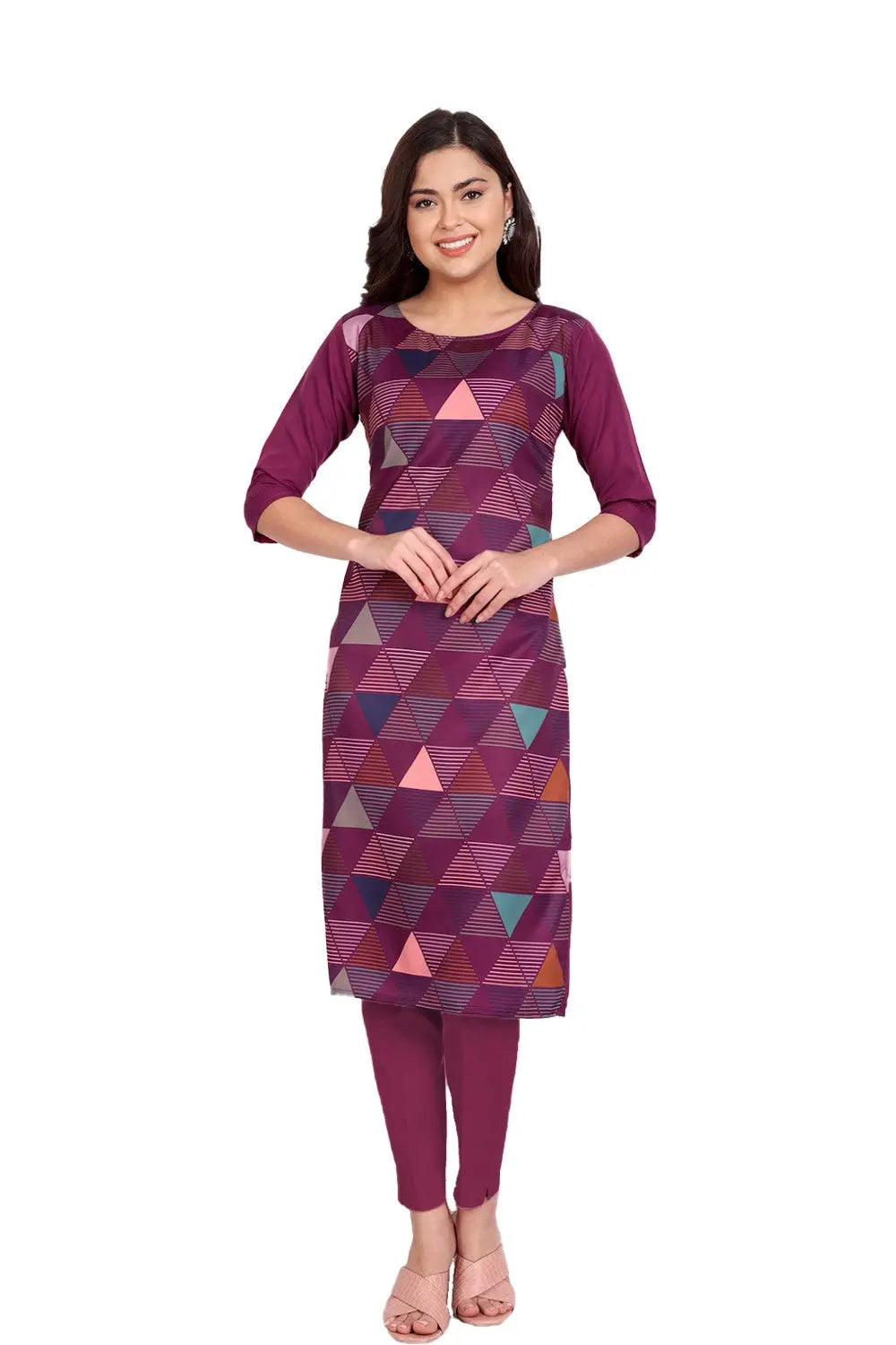 Women's Wine Colour Printed Crepe Straight Kurti Desi Soul