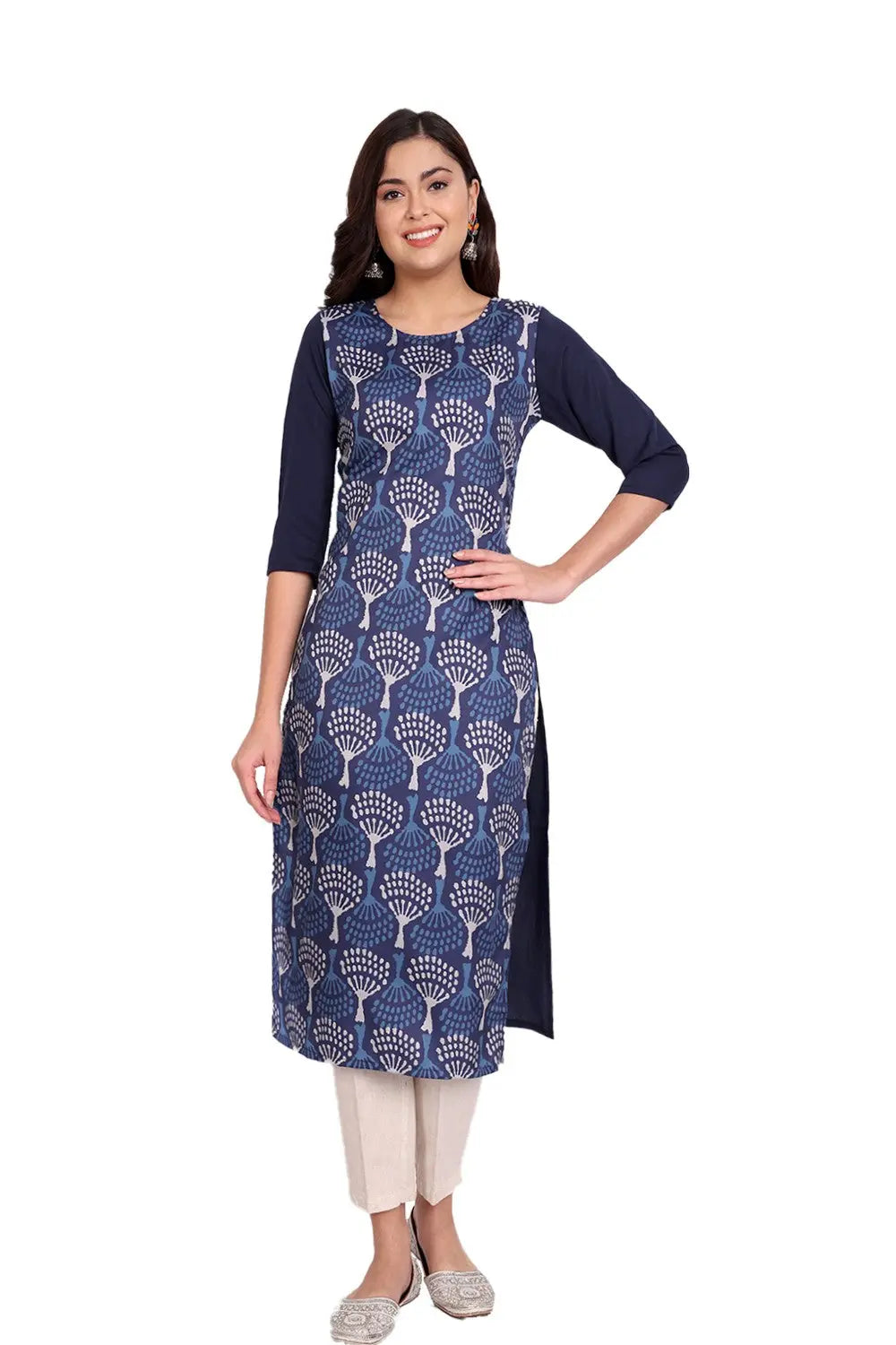 Women's Blue Colour Printed Crepe Straight Kurti Desi Soul