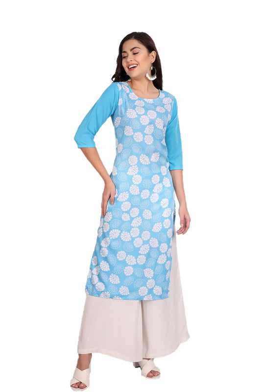 Women's Sky Blue Colour Printed Crepe Straight Kurti Desi Soul