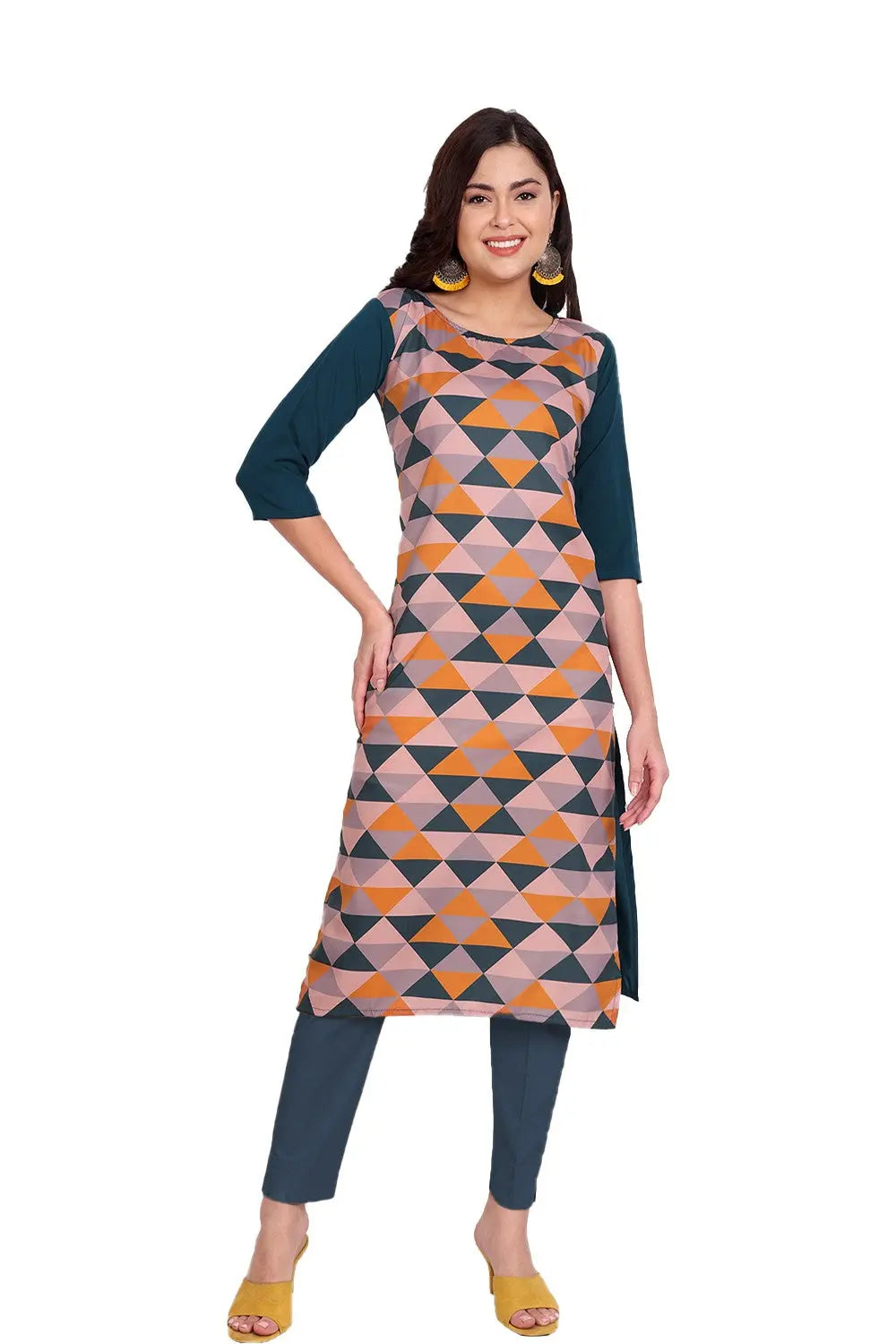 Women's Mustard Colour Printed Crepe Straight Kurti Desi Soul