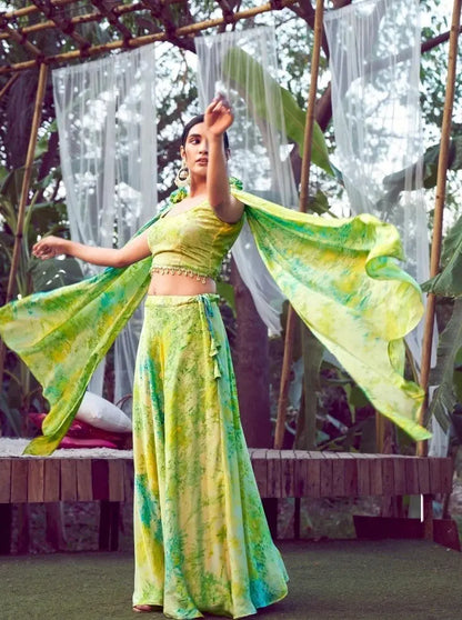 Fluorescent Green Tie & Dye Silk Fancy Shoulder Dupatta Style Indo Western - Let Us Vogue