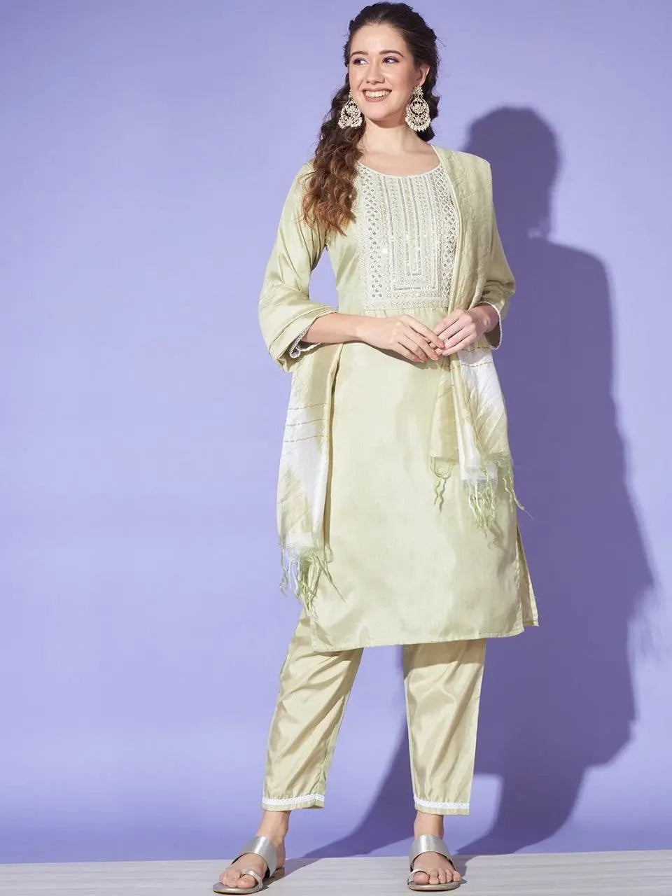 Women's Green Colour South Silk Kurta Pant With Dupatta Set Desi Soul