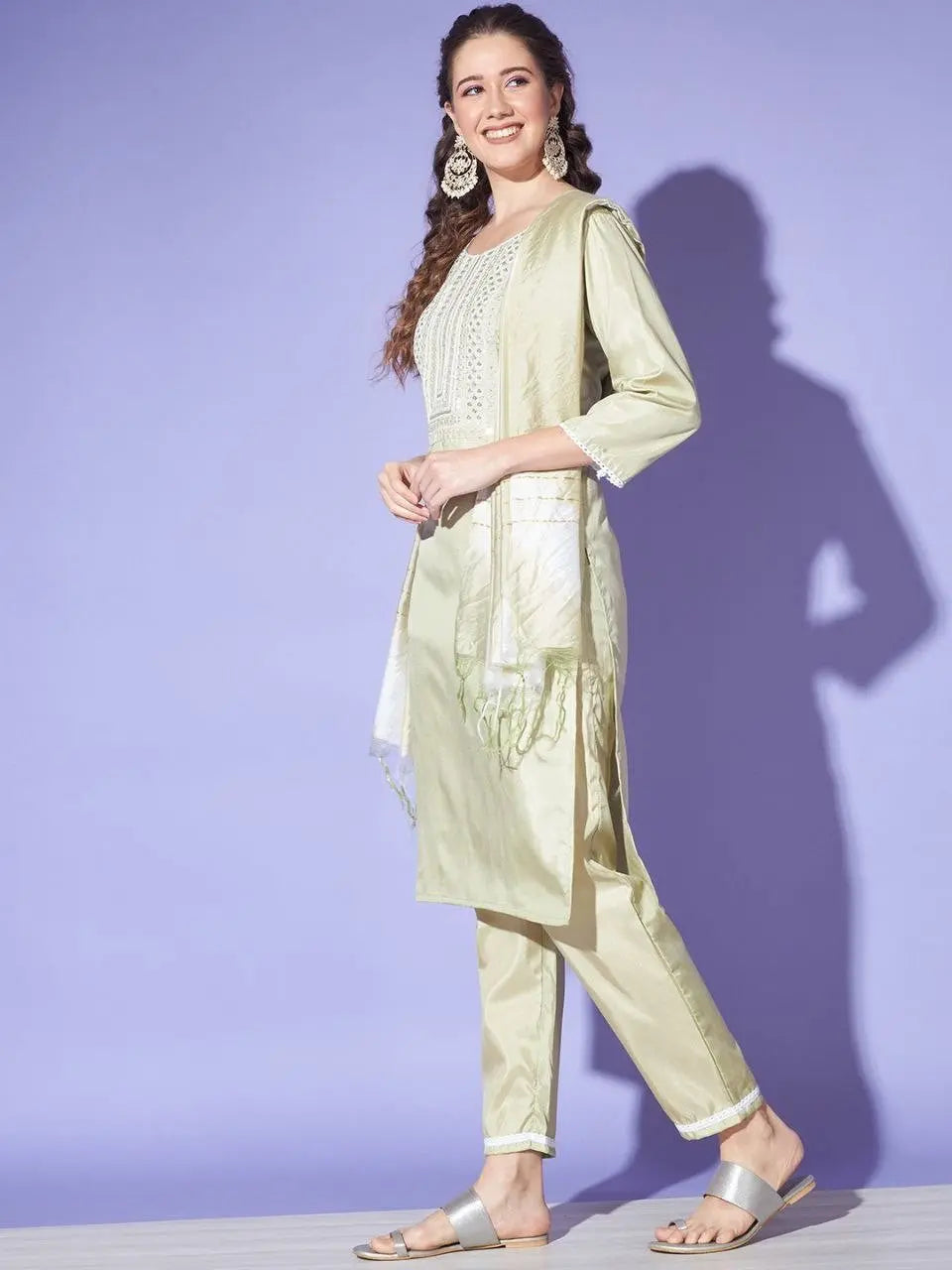 Women's Green Colour South Silk Kurta Pant With Dupatta Set Desi Soul