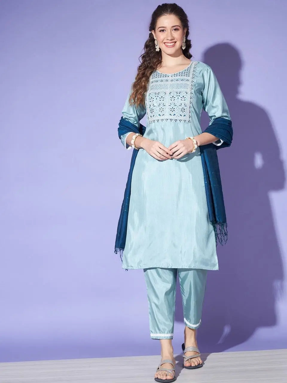 Women's Blue Colour South Silk Kurta Pant With Dupatta Set Desi Soul