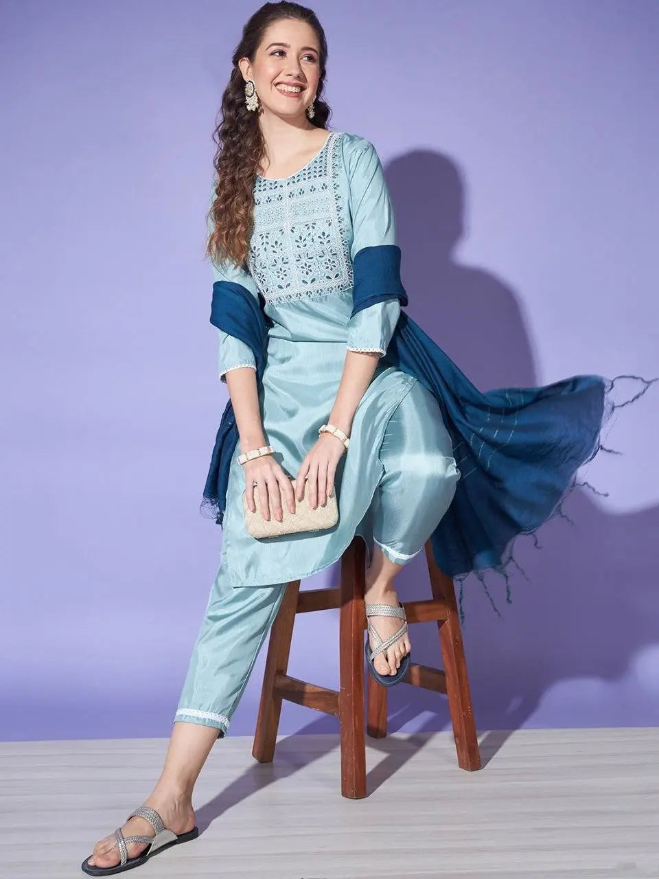 Women's Blue Colour South Silk Kurta Pant With Dupatta Set Desi Soul