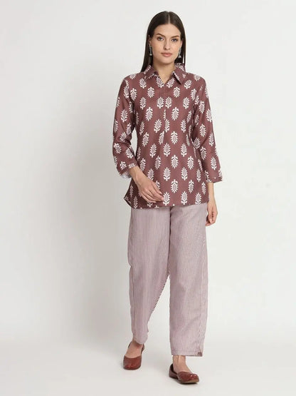 Coffee Colour Cotton Printed Party Wear Co-ords Set - Let Us Vogue