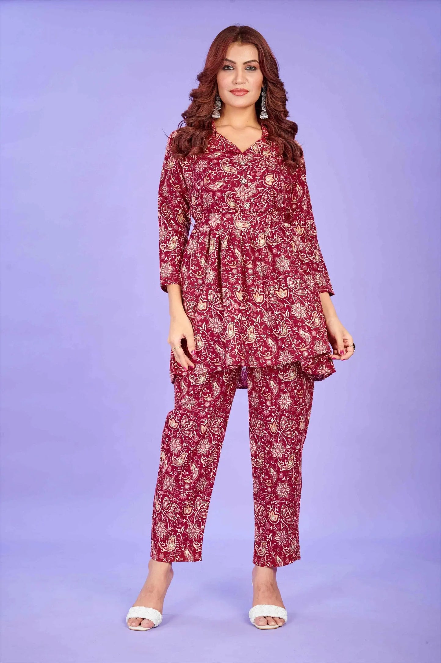 Maroon Colour Cotton Printed Party Wear Co-ords Set - Let Us Vogue