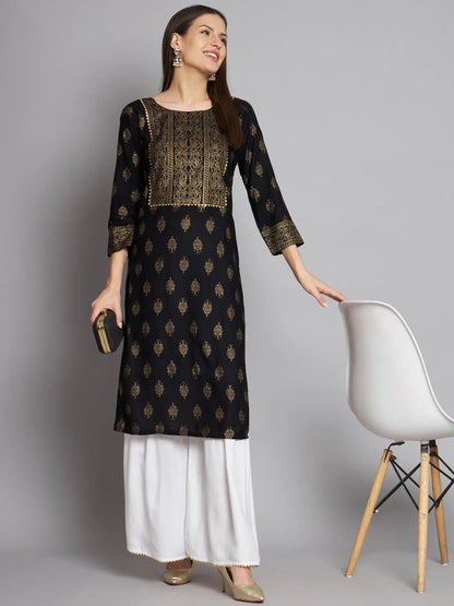 Black Colour Rayon Foil Print Party Wear Kurta Sharara Set Desi Soul