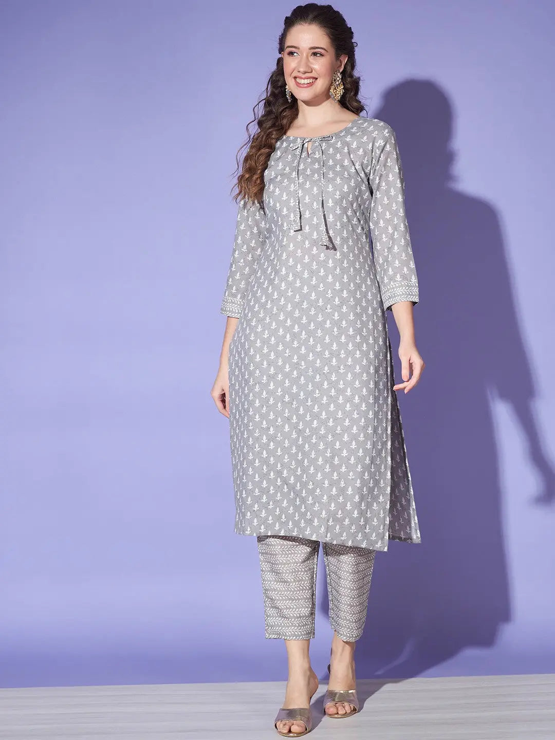 Grey Colour Cotton Jaipuri Printed Casual Wear Kurta Pant Set Desi Soul