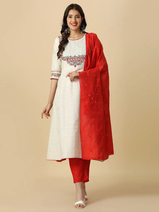 White Colour Pure Cotton Embroidery With Sequins Kurta Pant Dupatta Set Desi Soul