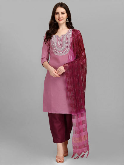 Purple Colour Slub Cotton Embroidery Kurta Pant Dupatta Set Desi Soul