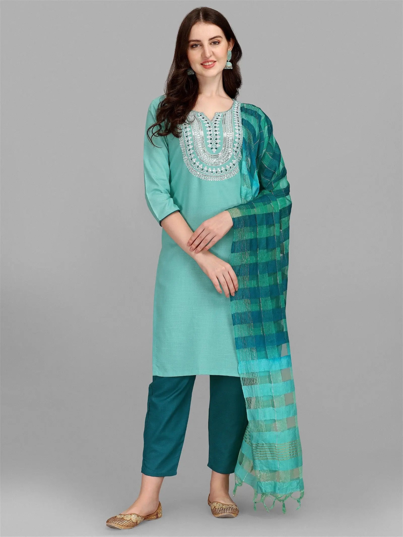 Rama Colour Slub Cotton Embroidery Kurta Pant Dupatta Set Desi Soul