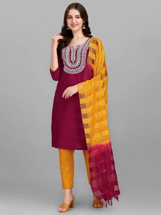 Wine Colour Slub Cotton Embroidery Kurta Pant Dupatta Set Desi Soul