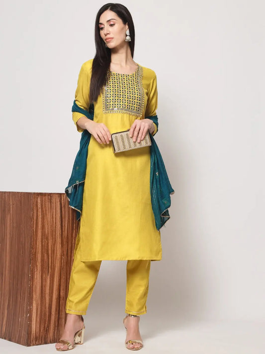 Lemon Colour Cotton Embroidered Casual Wear Kurta Pant Dupatta Set Desi Soul