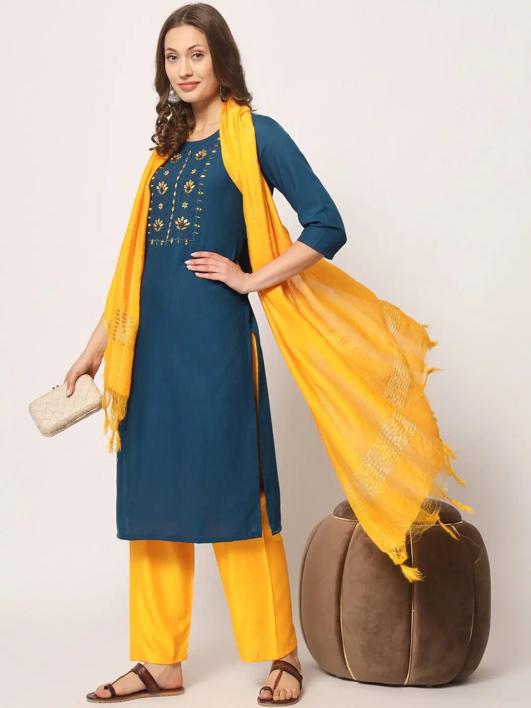 Blue Colour Rayon Embroidery With Mirror Casual Wear Kurta Pant Dupatta Set Desi Soul