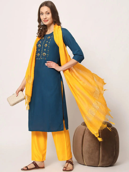 Blue Colour Rayon Embroidery With Mirror Casual Wear Kurta Pant Dupatta Set Desi Soul