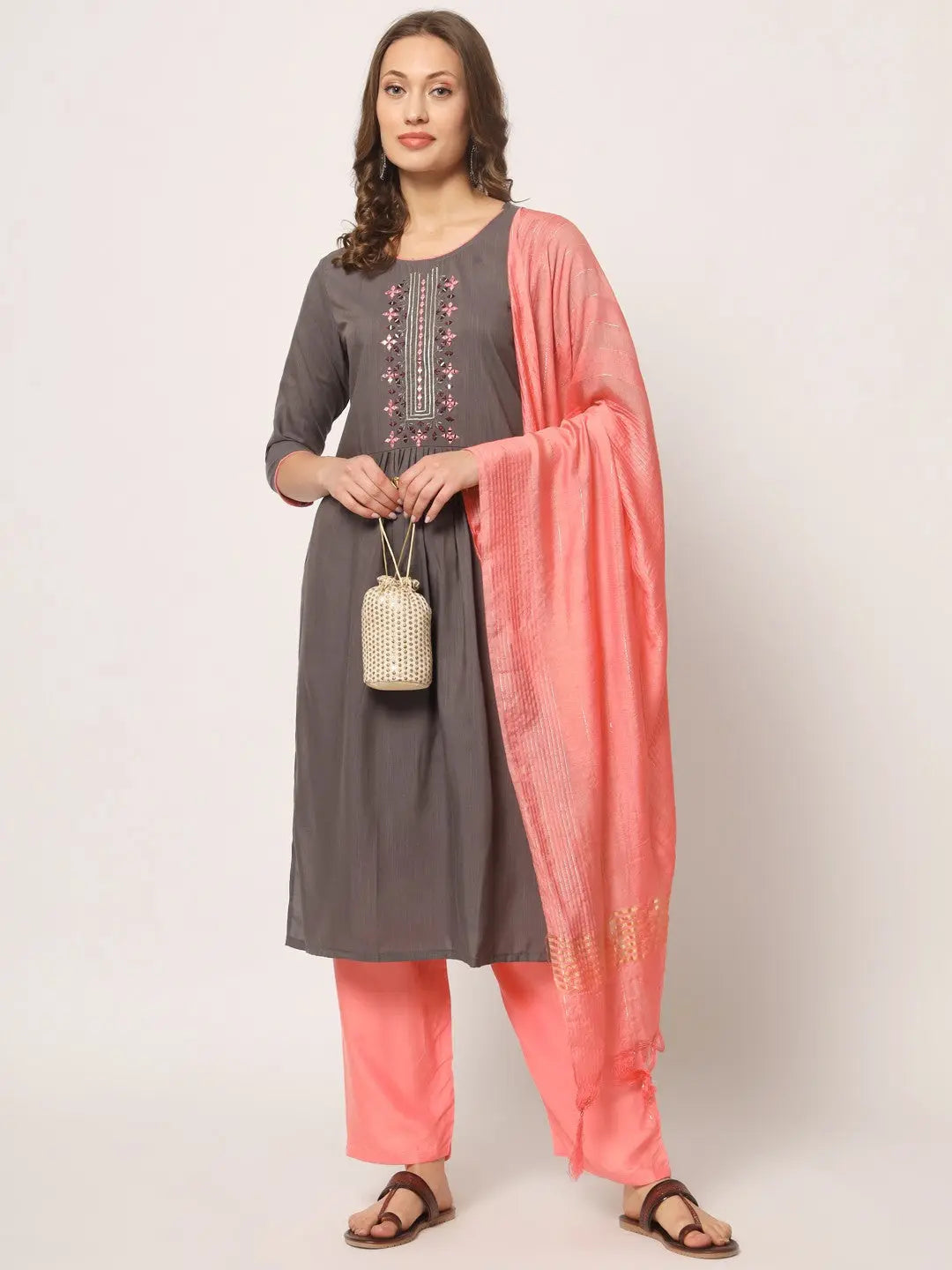 Grey Colour Rayon Embroidery With Mirror Casual Wear Kurta Pant Dupatta Desi Soul