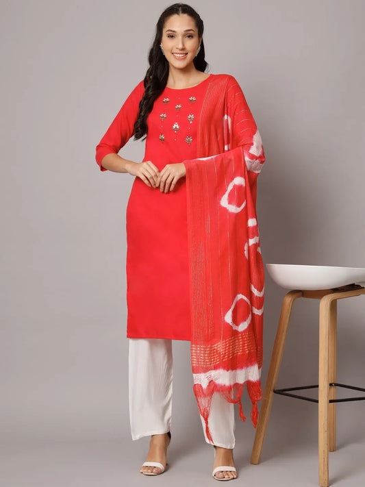 Pink Colour Reyon Embroidery With Mirror Casual Wear Kurta Pant Dupatta Set For Women's Desi Soul