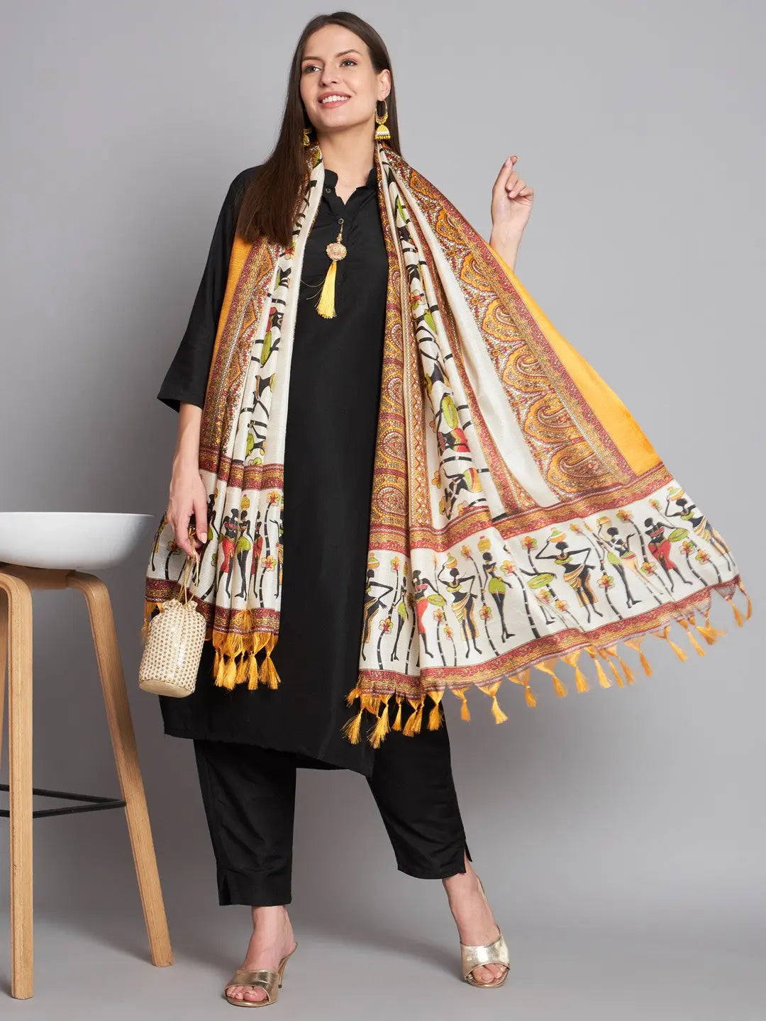 Black Colour Cotton Printed Dupatta With Kurta Pant Set Desi Soul