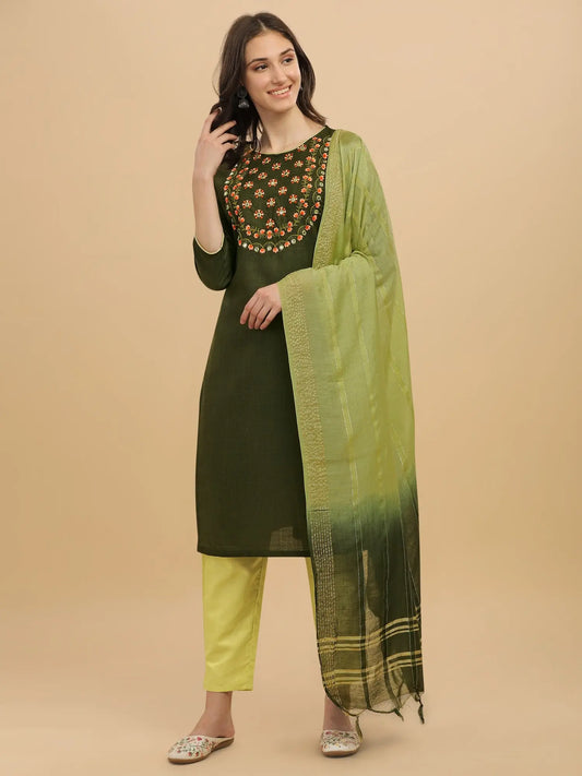 Green Colour Slub Cotton Embroidery Casual Wear Kurta Pant Dupatta Set Desi Soul