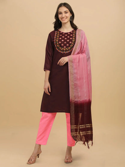 Wine Colour Slub Cotton Embroidery Casual Wear Kurta Pant Dupatta Set Desi Soul