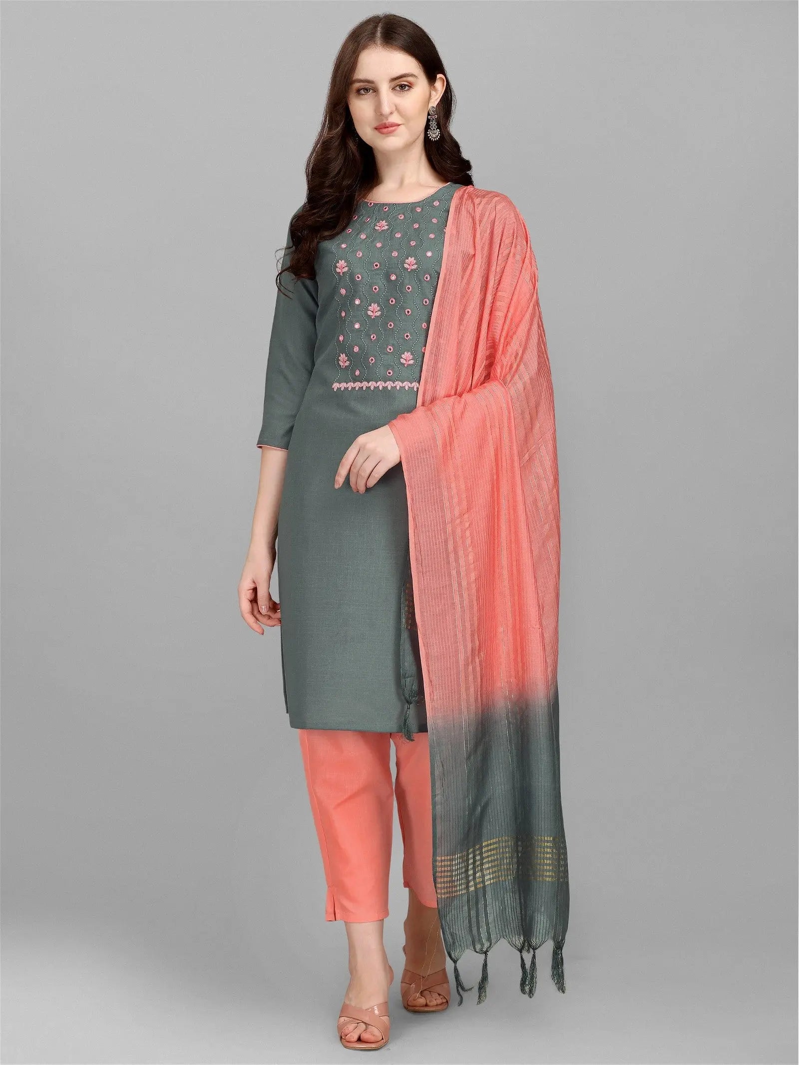 Grey Colour Slub Cotton Embroidery Work Casual Wear Kurta Pant Dupatta Set Desi Soul