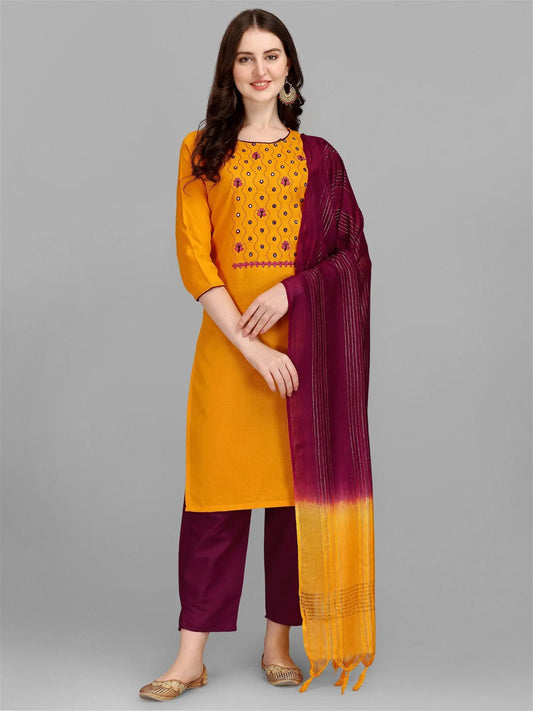 Yellow Colour Slub Cotton Embroidery Work Casual Wear Kurta Pant Dupatta Set Desi Soul