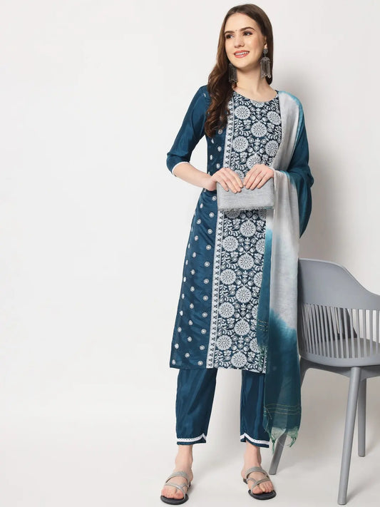 Blue Colour South Silk Embroidery Work Casual Wear Kurta Pant Dupatta Set Desi Soul