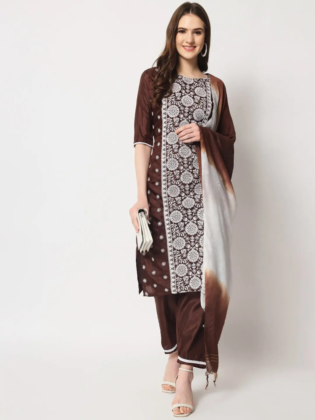 Coffee Colour South Silk Embroidery Work Casual Wear Kurta Pant Dupatta Set Desi Soul