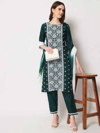 Green Colour South Silk Embroidery Work Casual Wear Kurta Pant Dupatta Set Desi Soul