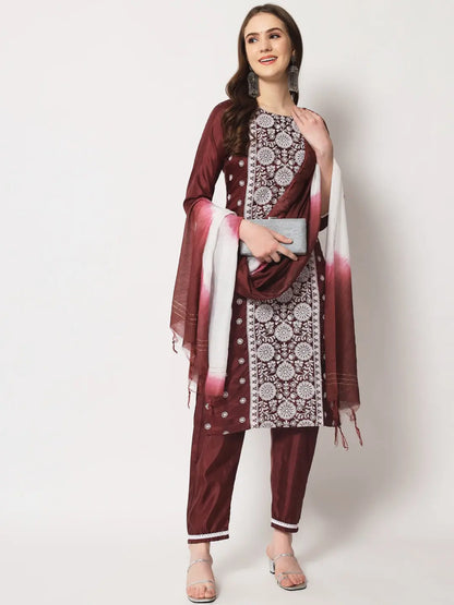 Maroon Colour South Silk Embroidery Work Casual Wear Kurta Pant Dupatta Set Desi Soul