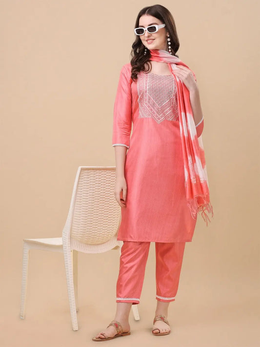 Pink Colour South Silk Embroidery Work Casual Wear Kurta Pant Dupatta Set Desi Soul