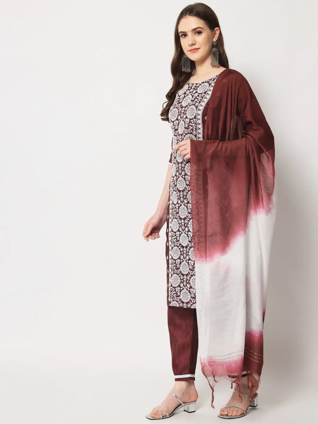 Maroon Colour South Silk Embroidery Work Casual Wear Kurta Pant Dupatta Set Desi Soul