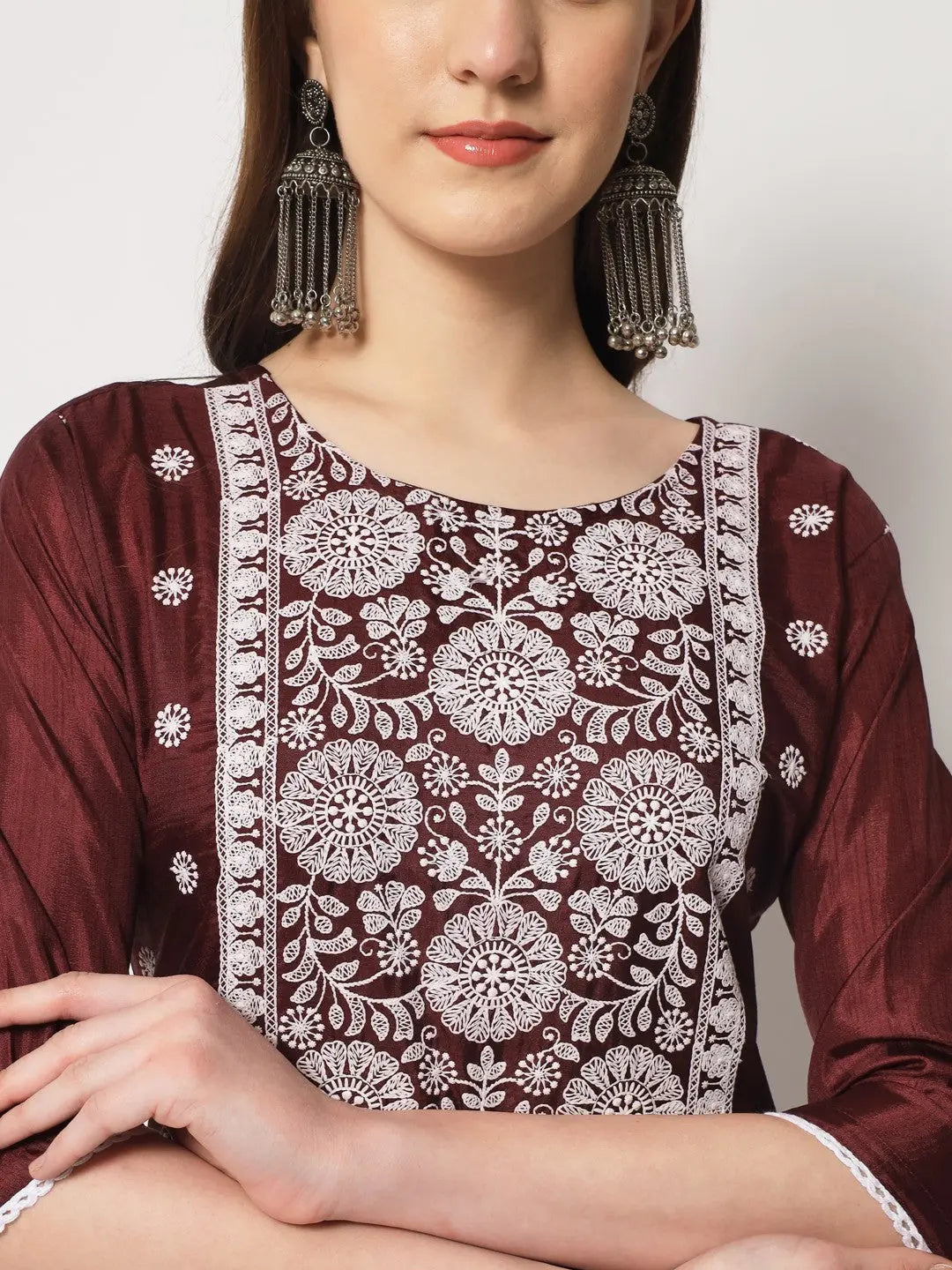 Maroon Colour South Silk Embroidery Work Casual Wear Kurta Pant Dupatta Set Desi Soul