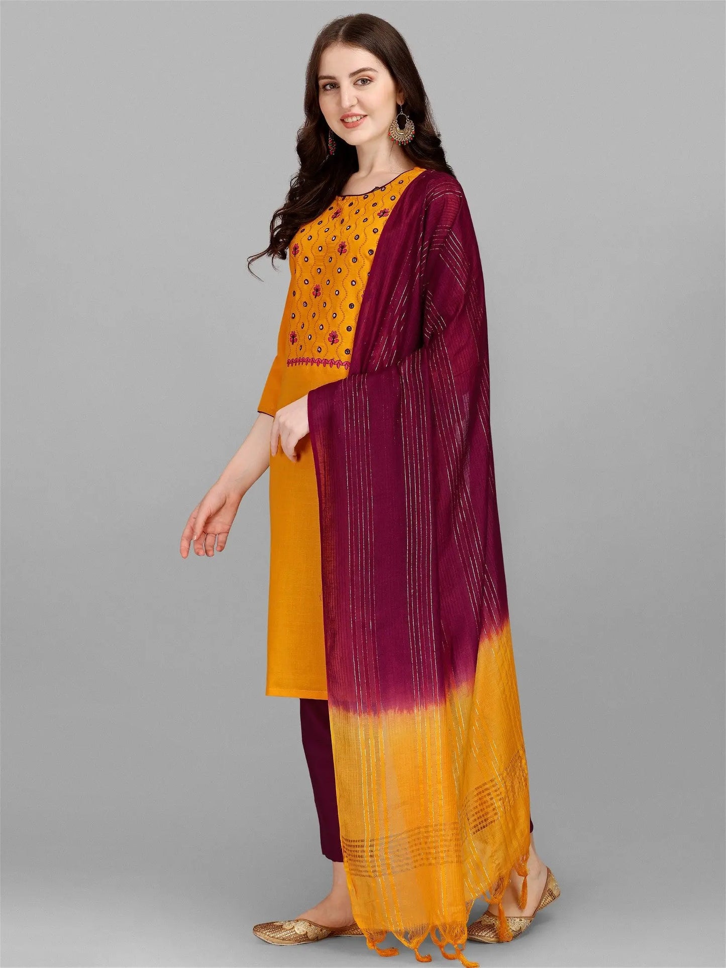 Yellow Colour Slub Cotton Embroidery Work Casual Wear Kurta Pant Dupatta Set Desi Soul