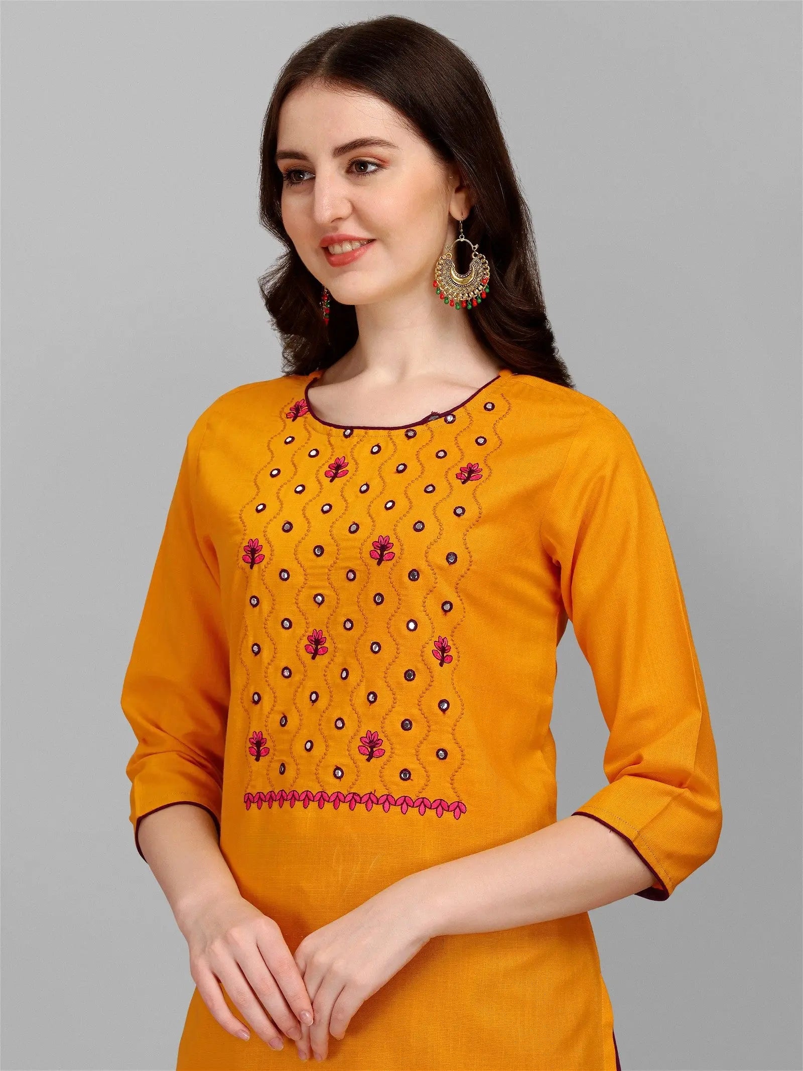 Yellow Colour Slub Cotton Embroidery Work Casual Wear Kurta Pant Dupatta Set Desi Soul