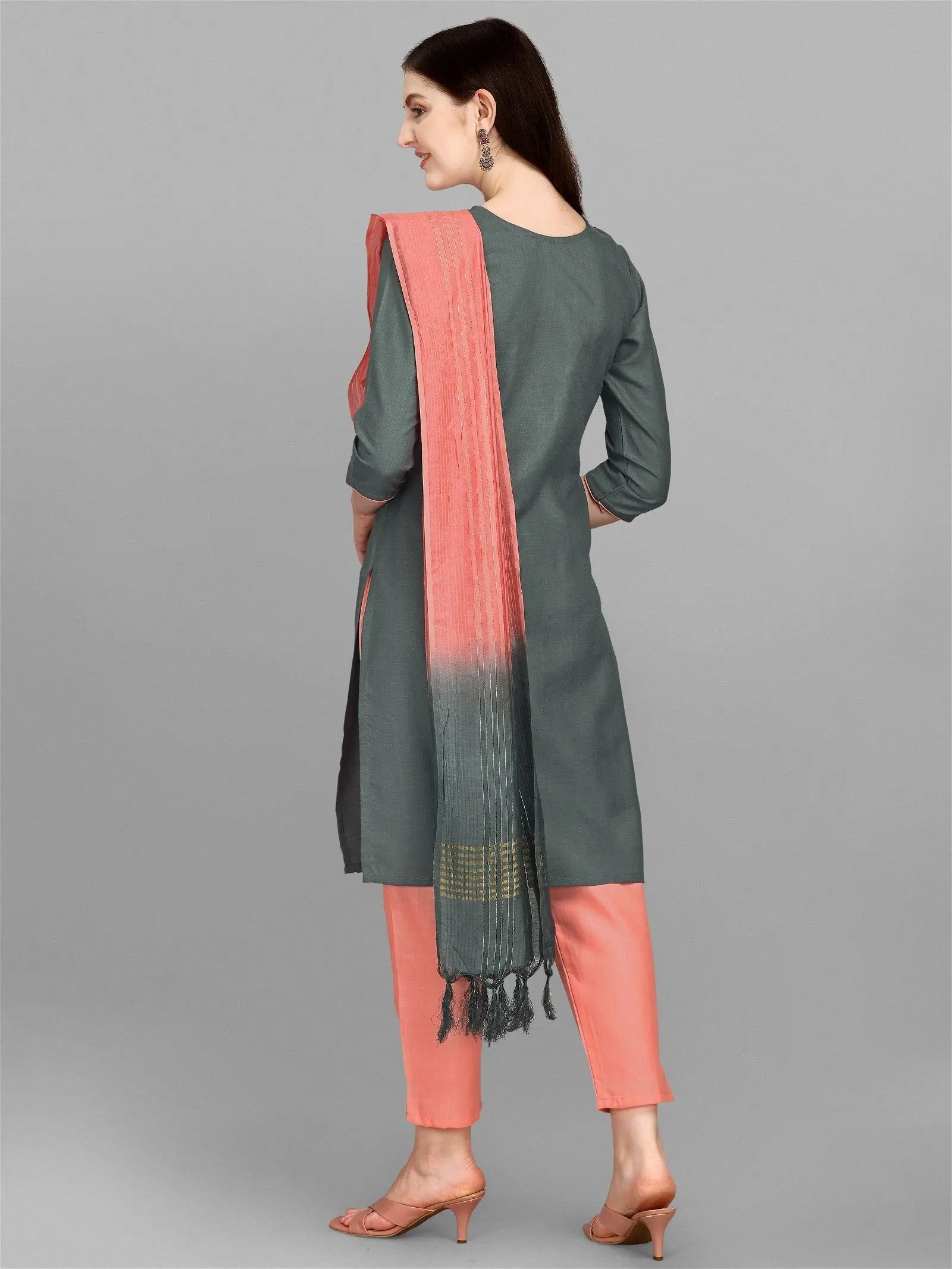 Grey Colour Slub Cotton Embroidery Work Casual Wear Kurta Pant Dupatta Set Desi Soul