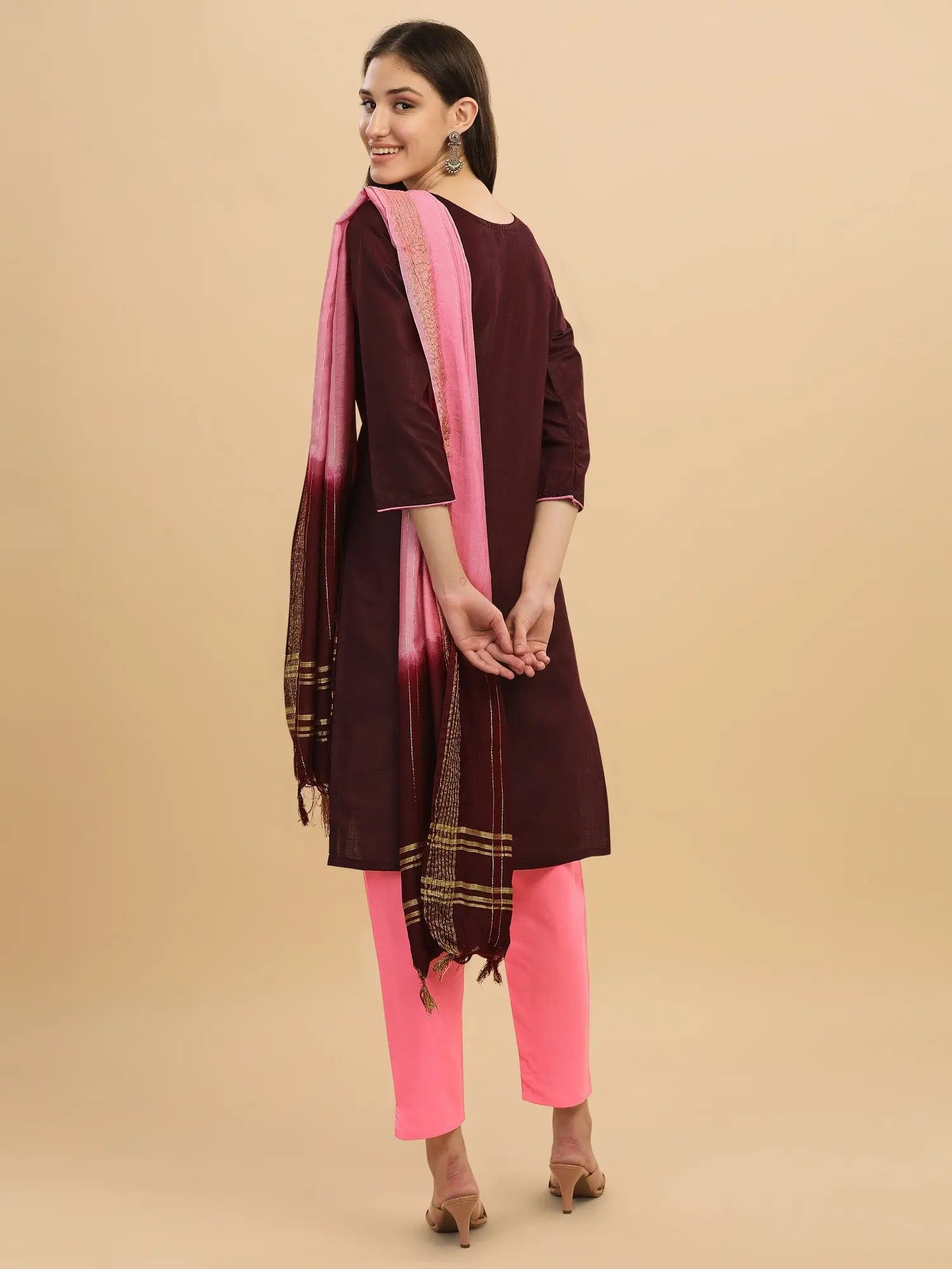 Wine Colour Slub Cotton Embroidery Casual Wear Kurta Pant Dupatta Set Desi Soul