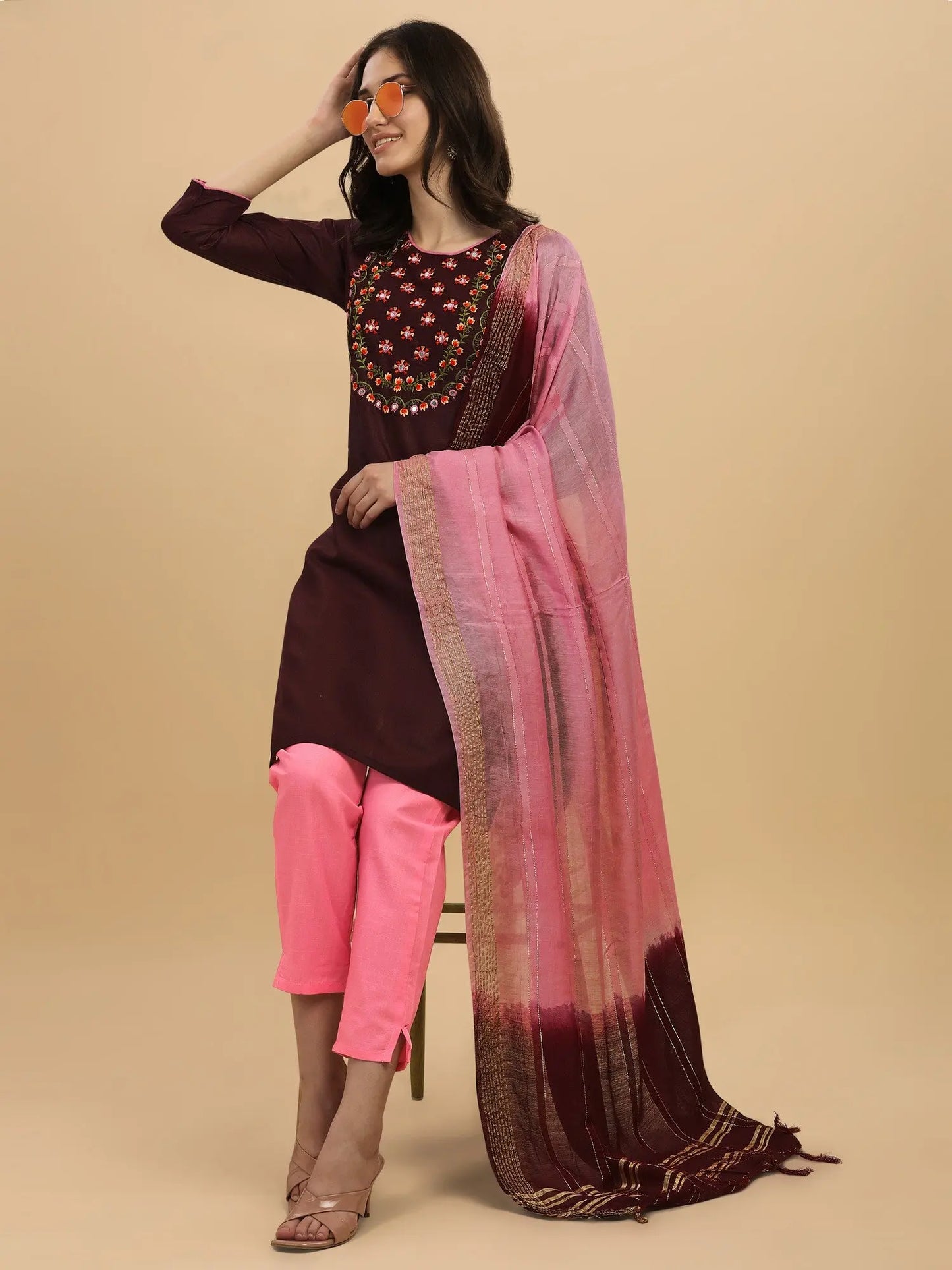 Wine Colour Slub Cotton Embroidery Casual Wear Kurta Pant Dupatta Set Desi Soul