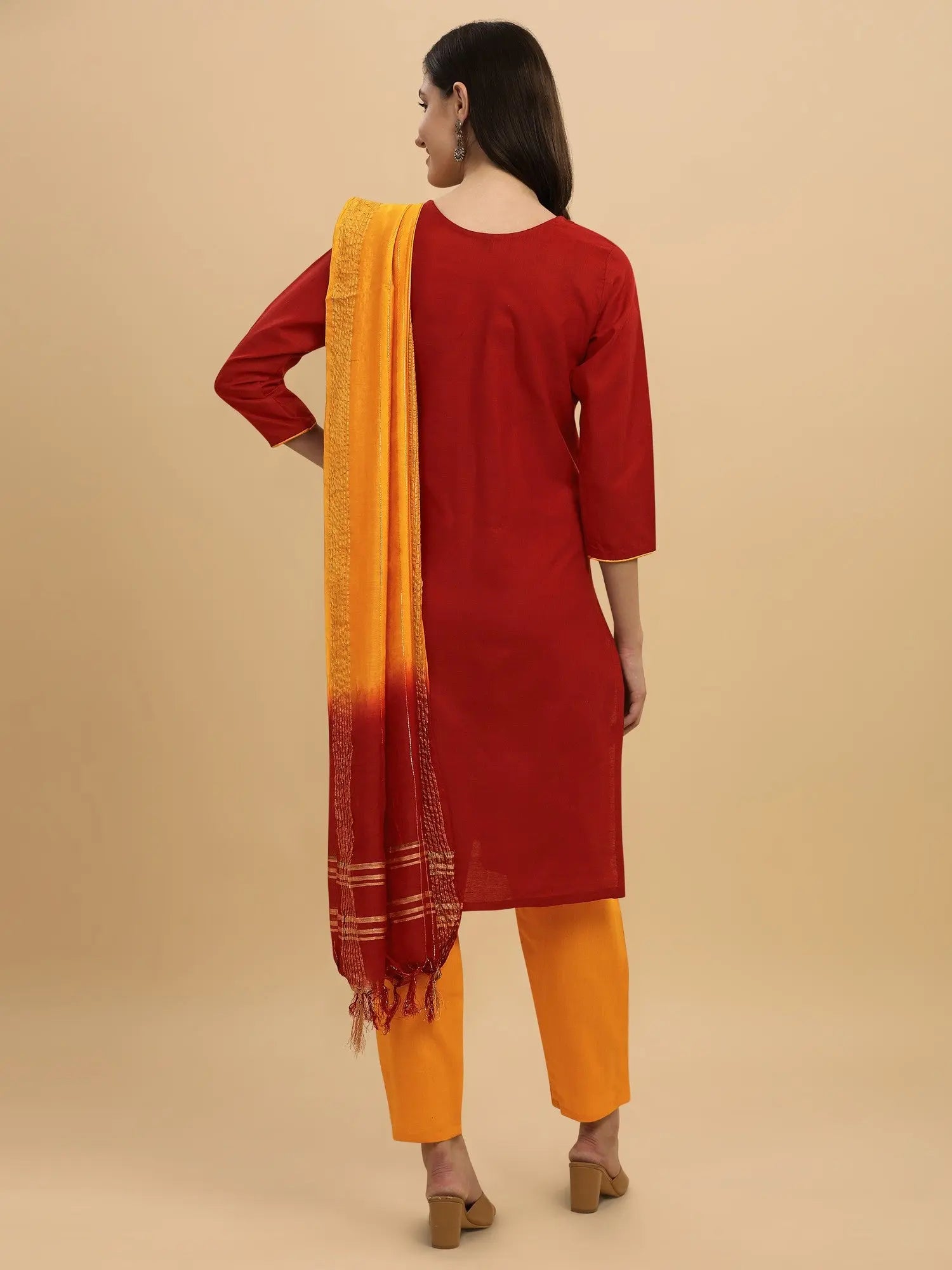 Maroon Colour Slub Cotton Embroidery Casual Wear Kurta Pant Dupatta Set Desi Soul