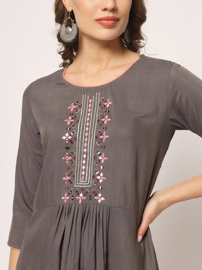 Grey Colour Rayon Embroidery With Mirror Casual Wear Kurta Pant Dupatta Desi Soul