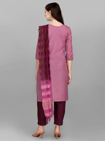 Purple Colour Slub Cotton Embroidery Kurta Pant Dupatta Set Desi Soul