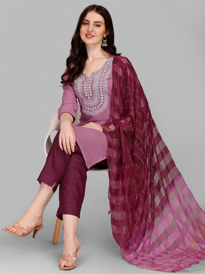 Purple Colour Slub Cotton Embroidery Kurta Pant Dupatta Set Desi Soul