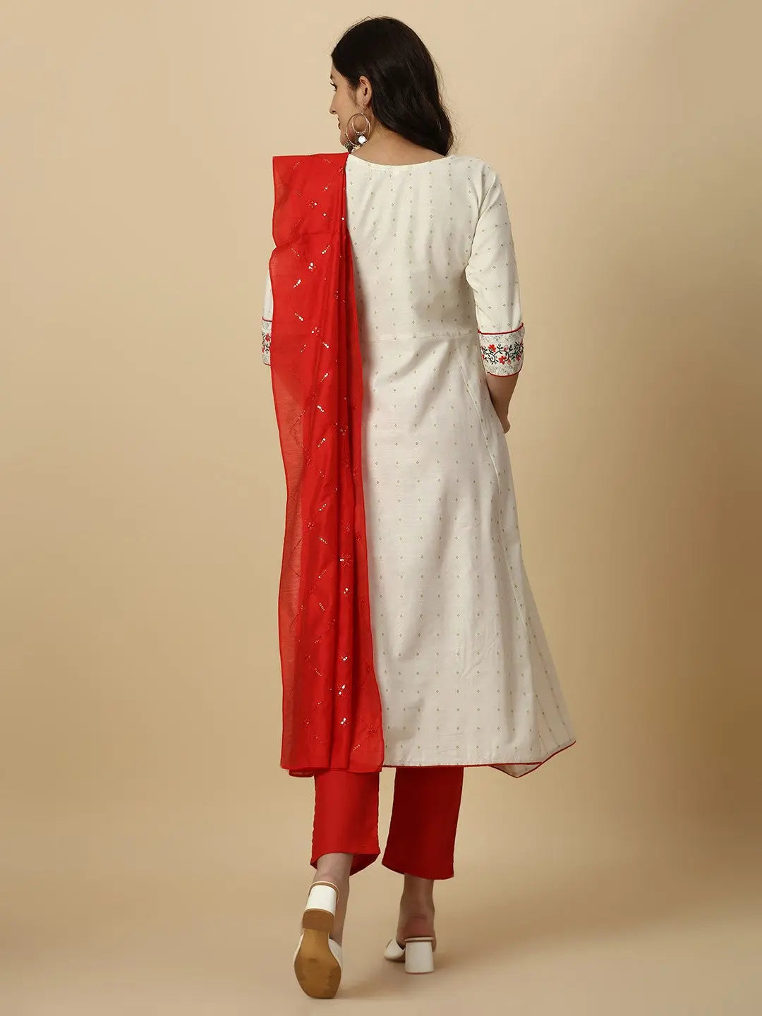 White Colour Pure Cotton Embroidery With Sequins Kurta Pant Dupatta Set Desi Soul