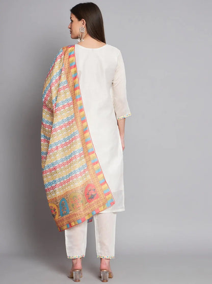 White Colour Cotton Silk Embroidery Sequins with Printed Kurta Pant Dupatta Set Desi Soul