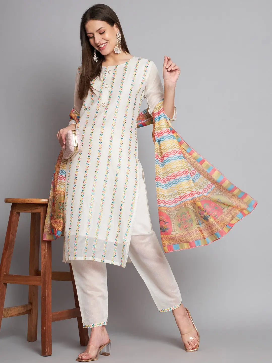 White Colour Cotton Silk Embroidery Sequins with Printed Kurta Pant Dupatta Set Desi Soul