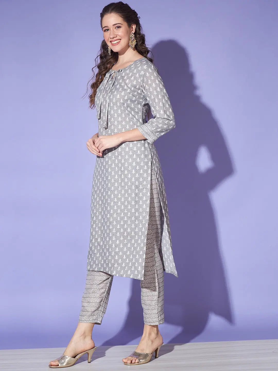 Grey Colour Cotton Jaipuri Printed Casual Wear Kurta Pant Set Desi Soul