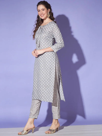 Grey Colour Cotton Jaipuri Printed Casual Wear Kurta Pant Set Desi Soul