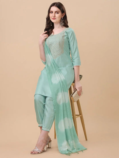 Sea Green Colour South Silk Embroidery Work Casual Wear Kurta Pant Dupatta Set Desi Soul