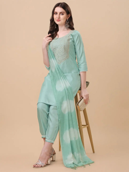 Sea Green Colour South Silk Embroidery Work Casual Wear Kurta Pant Dupatta Set Desi Soul